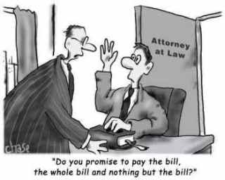 Cartoon — Attorney at Law: 'Do you promise to pay the bill, the whole bill, and nothing but the bill?'